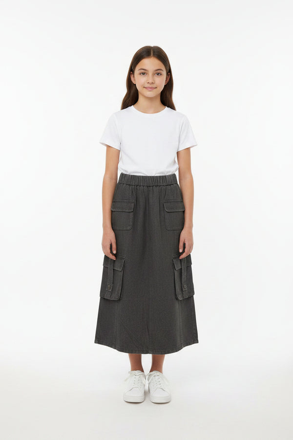Cargo-style denim skirt