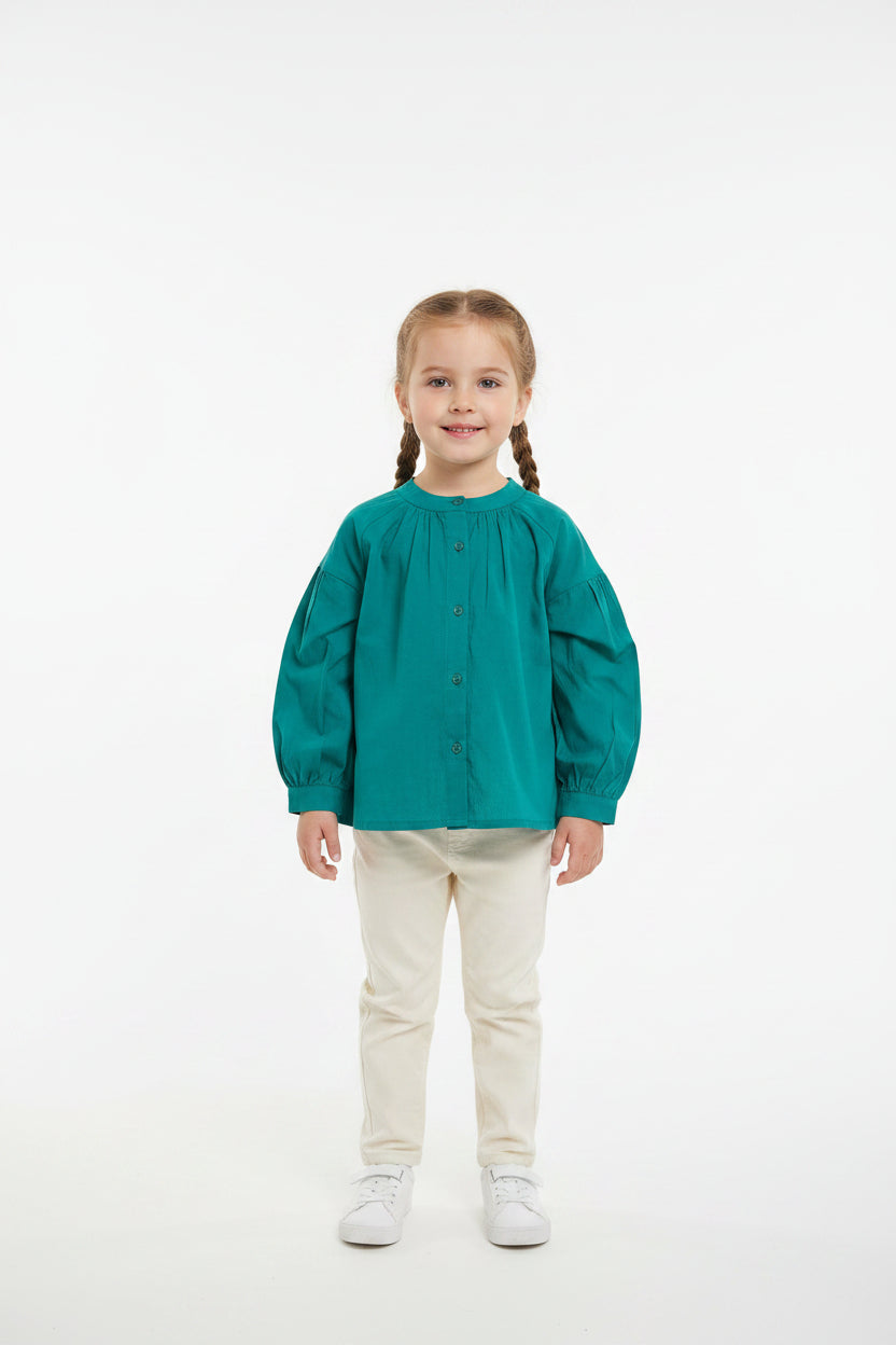 Teal blouse with long puff sleeves