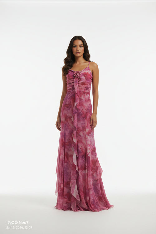 Red and magenta floral-print maxi dress