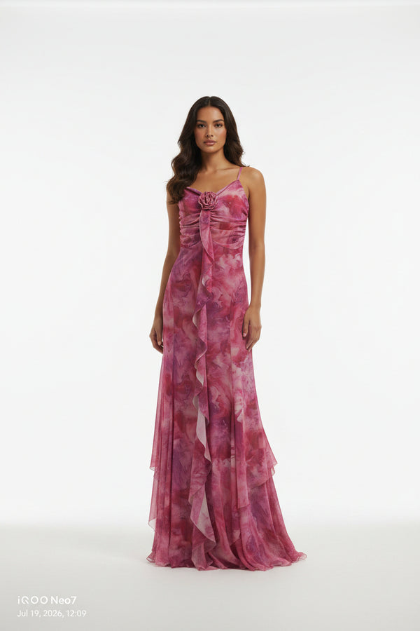 Red and magenta floral-print maxi dress
