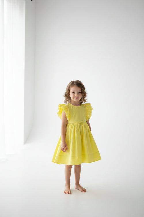 yellow Pine Kids cotton dress featuring ruffled sleeves and a woven, fit-and-flare design