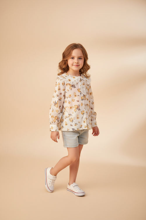 Ruffled-collar floral-print shir