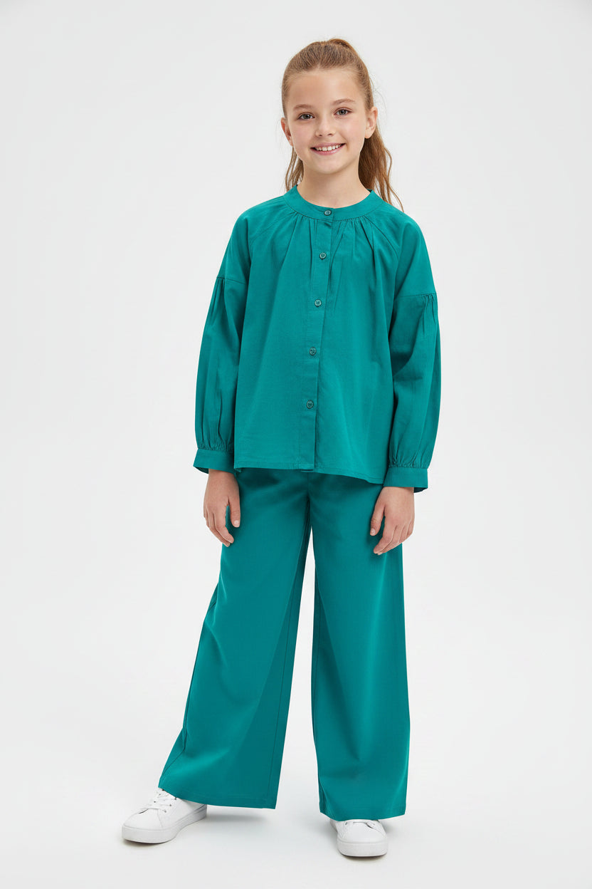 teal-colored girl's clothing set featuring a button-down shirt and matching wide-leg trousers