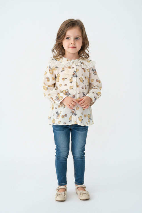 Ruffled-collar floral-print shir