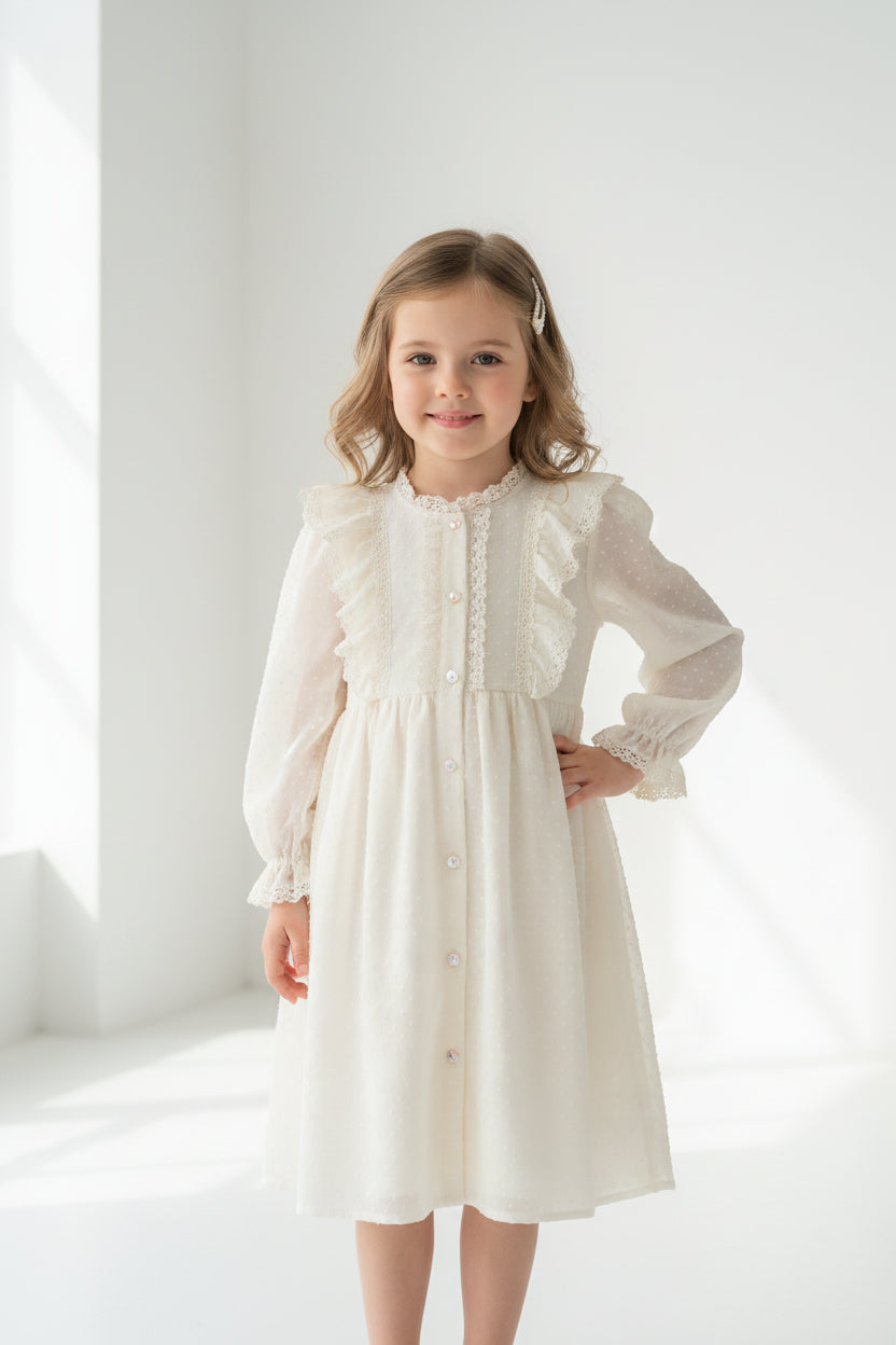 White long-sleeve dress with frill and lace