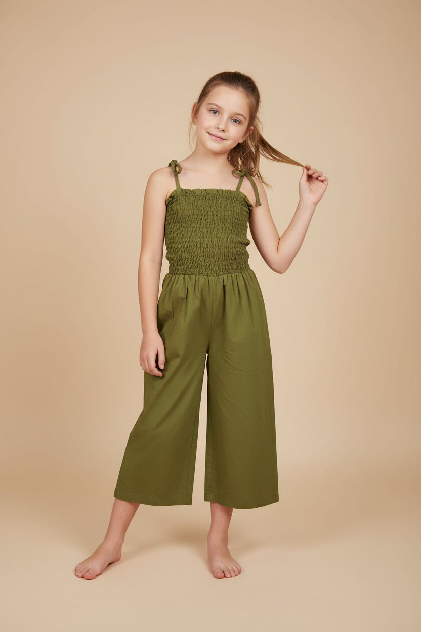 Child khaki shirred bodice wide leg jumpsuit featuring tie-shoulder straps