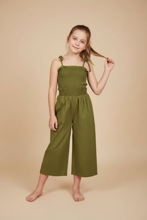 Child khaki shirred bodice wide leg jumpsuit featuring tie-shoulder straps