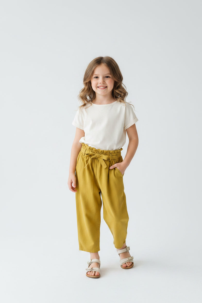 Girls Mustard Yellow Solid Parallel Trousers