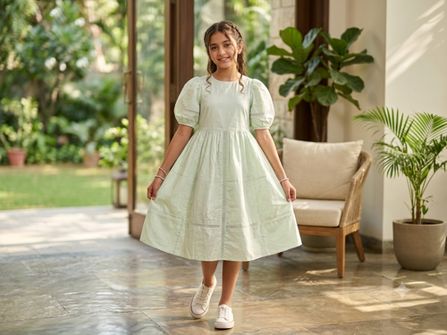 Light Green cotton puff-sleeve dress