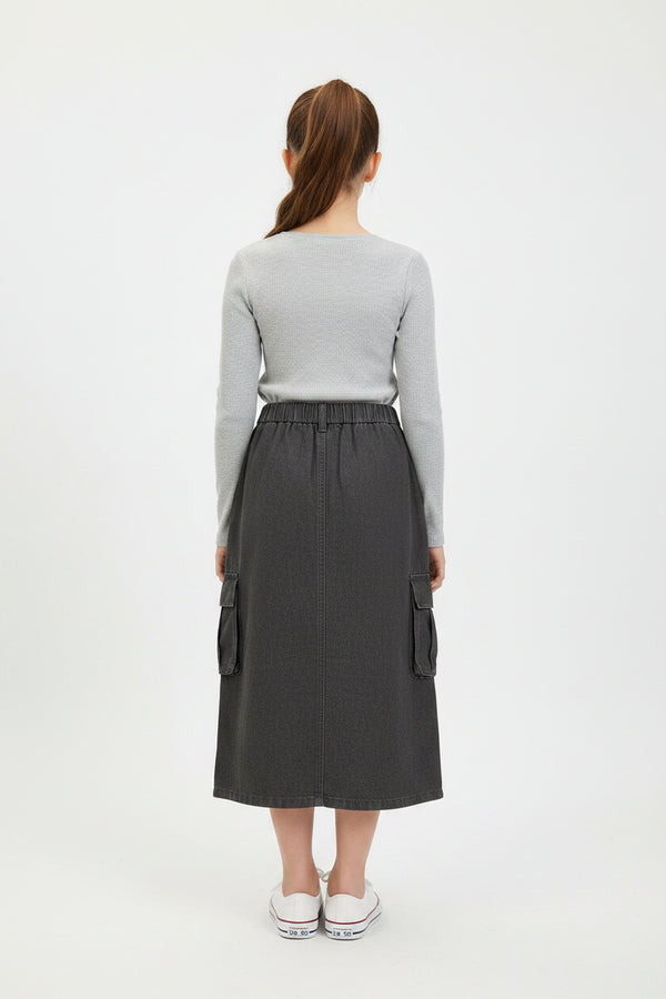 Cargo-style denim skirt