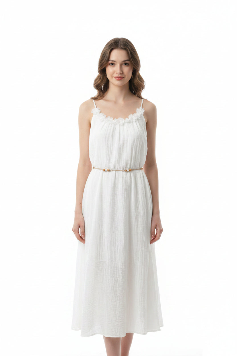 white crinkle-textured spaghetti strap midi/maxi dress
