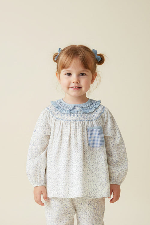 smocked blue floral cotton blouse top dress