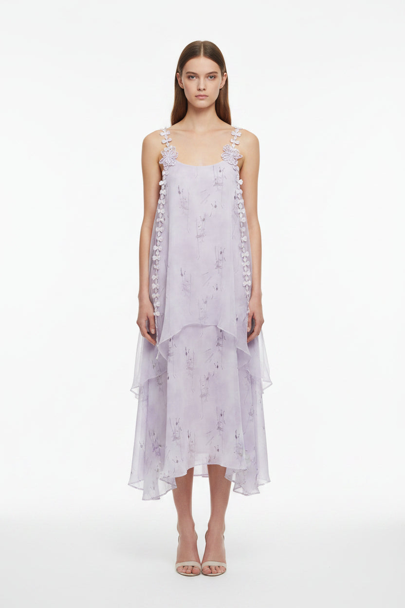 romantic mesh overlay A-line slip midi dress